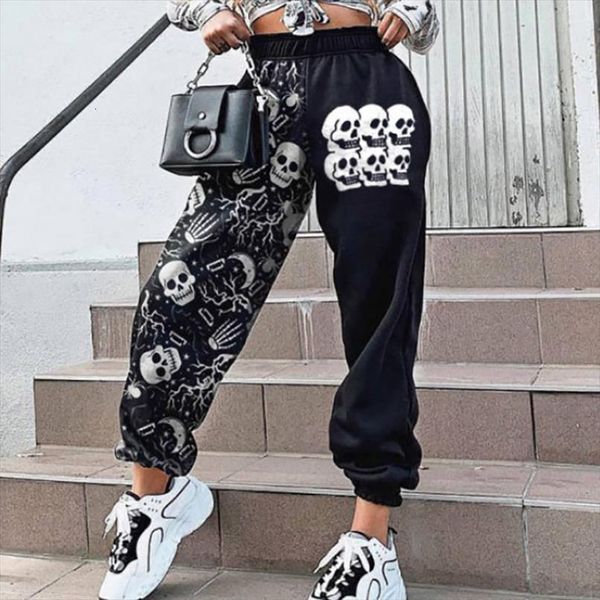 

fashion skull print loose sweatpants women pants trendy printed elastic waist color block street jogger with pockets, Black;white