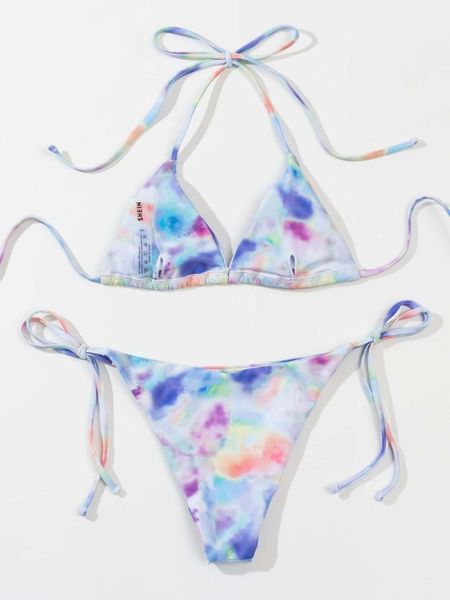 

women's swimwear tie dye triangle side bikini swimsuit, White;black