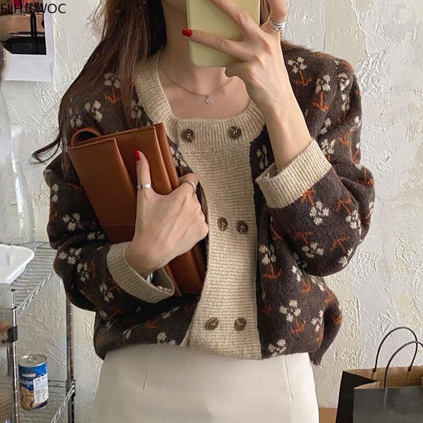 

chic korea fashion winter spring womens long sleeve casual loose floral printed double outerwear vintage cardigans o816, White