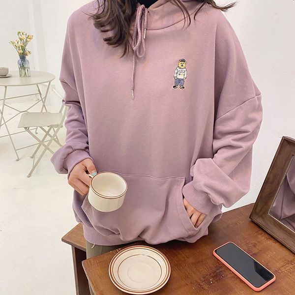 

women's hoodies & sweatshirts anime bear embroidery print with pocket girls kawaii graphic oversized womens warm comfy thin pullovers, Black