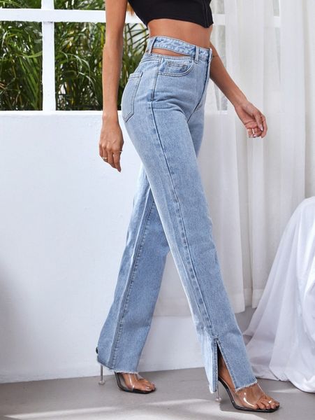 

high waist cut out split hem jeans e6ru#, Blue