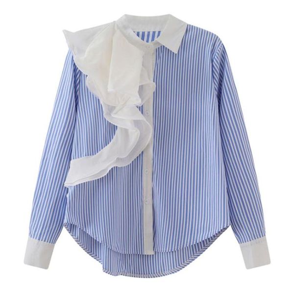 

women's blouses & shirts mesh lace stripe shirt women lapel full sleeve single breasted ladies 2021 spring casual loose blouse p2326, White