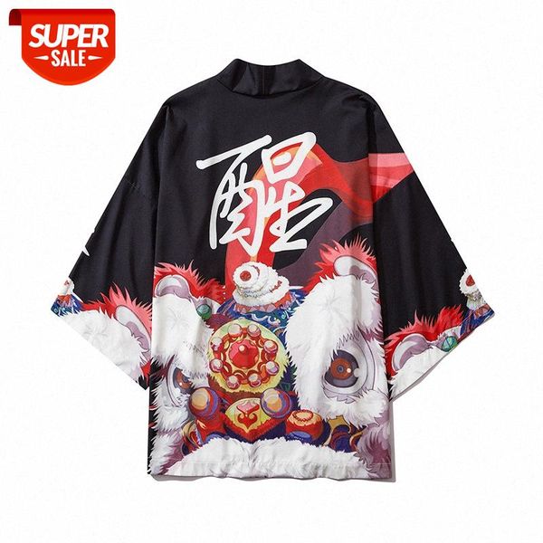 

chinese style lion dance design ukiyo-e print road gown short-sleeved shirt loose #ip1s, White;black