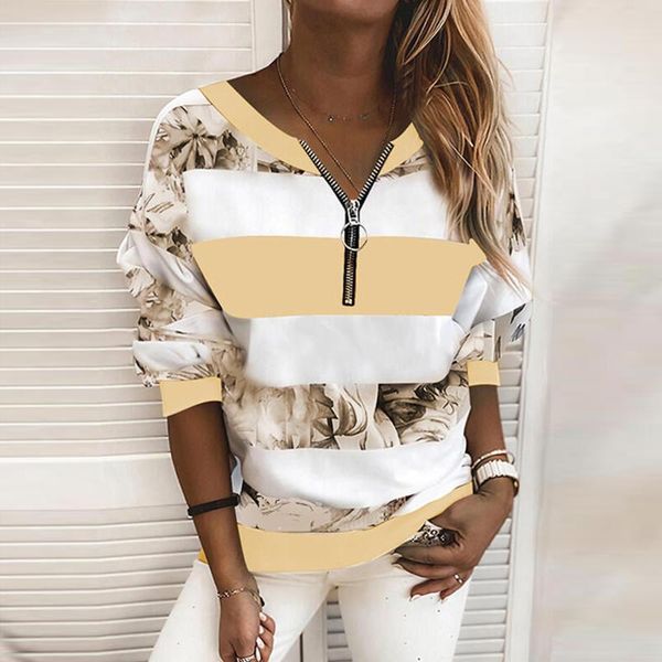 

women's blouses & shirts women striped retro patchwork print stitching zipper long sleeve pullover blouse sweatshirt leisure @40, White