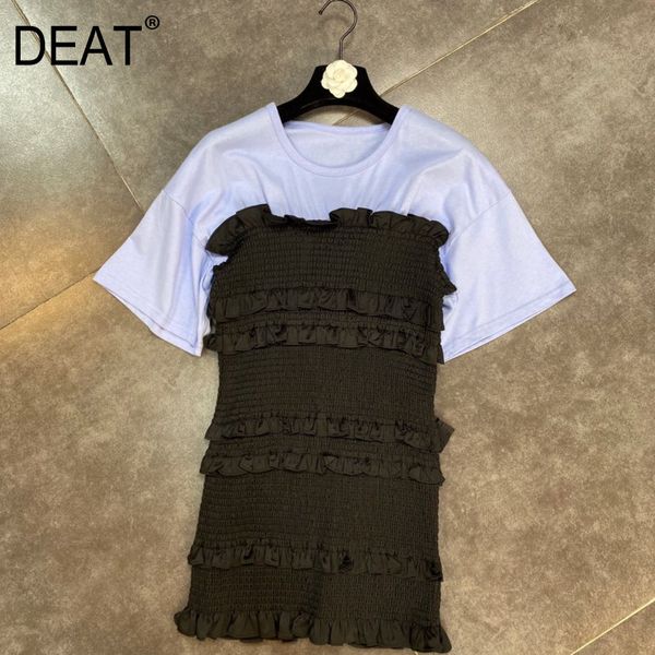 

women ruffles pleated patchwork dress round neck short sleeve arrivals lady fashion spring summer 11d363 210525, Black;gray