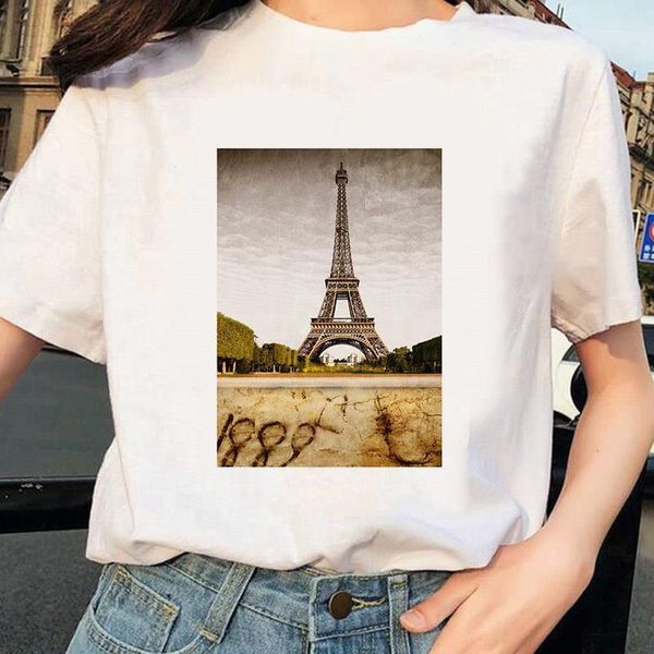 

2021 summer paris eiffel tower t-shirt travel tee women's tees short sleeve o neck fashion, White