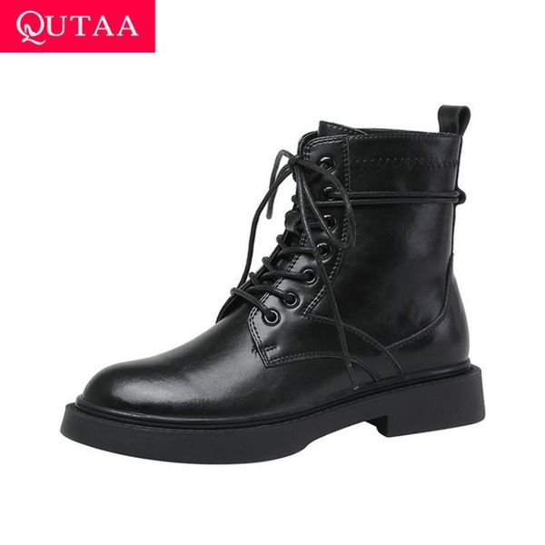

boots qutaa 2021 autumn winter cow leather quality women shoes square low heel ankle lace up casual ladies pumps size 34-39, Black