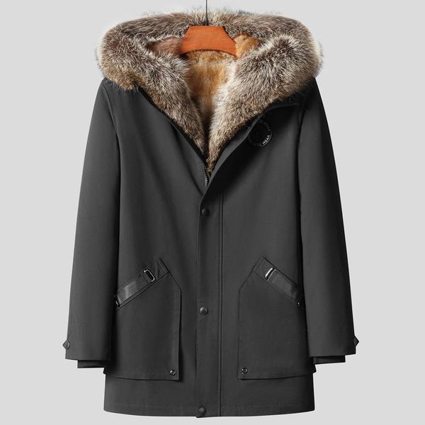 

men's jackets mens winter long coat real raccoon fur windbreakers hoodies waterproof thick warm outerwear overcoat snow jacket man, Black;brown