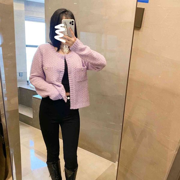 

8899m family hanging button cardigan 2021 early spring fragrant wind bright silk single breasted long sleeve small pocket temperament, White