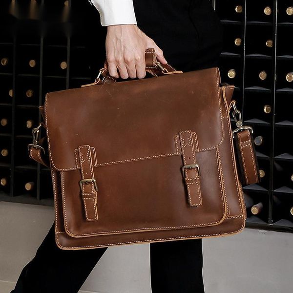 

briefcases crazy horse leather bag men's briefcase lap15.6" man's genuine bags male tote handbag