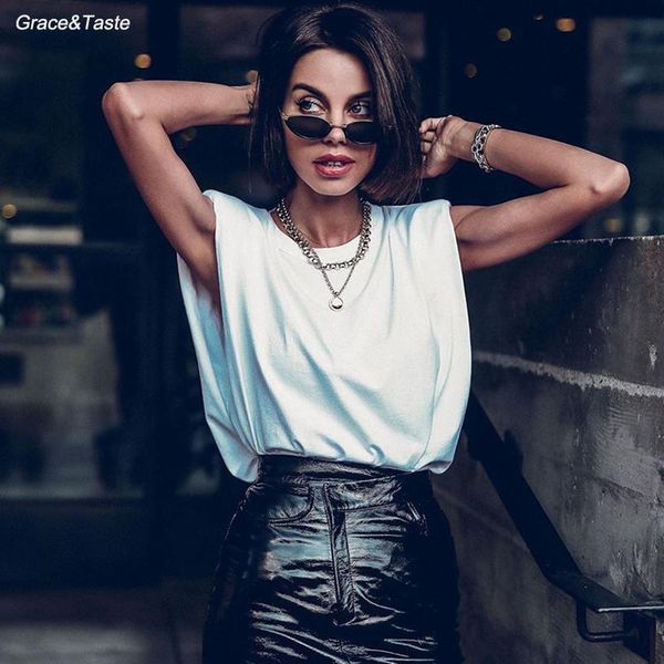

fashionable elegant shoulder pad sleeveless loose temperament t-shirt vest summer style autumn slim lady fan base jacket, White