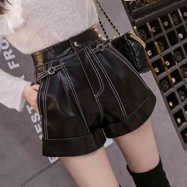 

black pu leather womens shorts wide leg faux waist for autumn loose, White;black