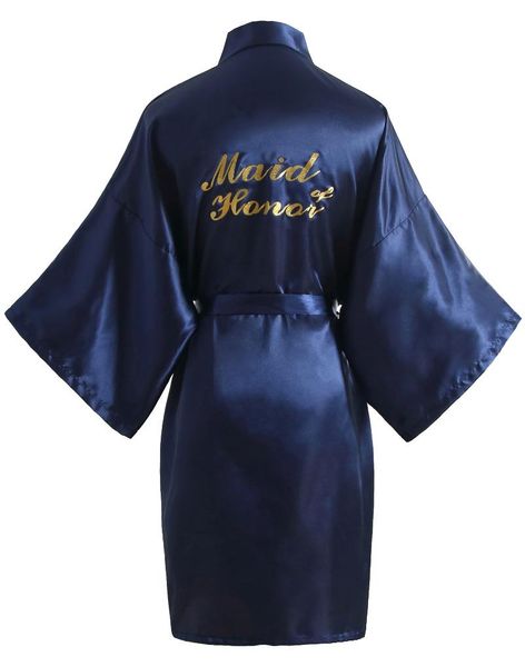 

women's sleepwear women navy satin kimono maid of honor robes wedding party getting ready robe with gold glitter, Black;red