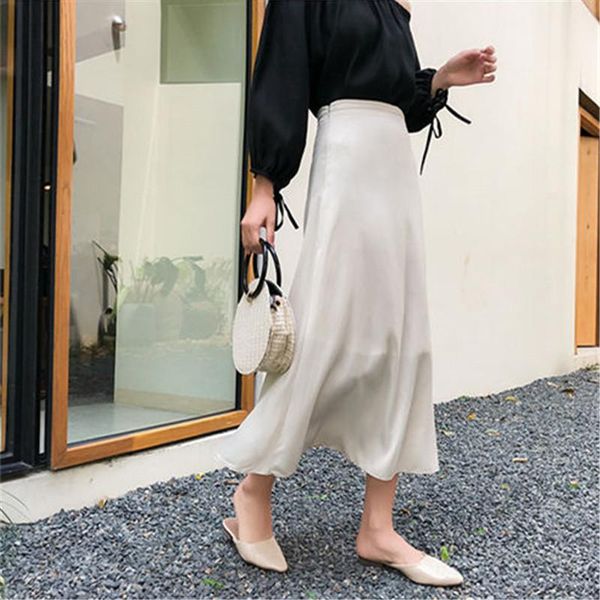 

skirts high waist party skirt satin elegant women pink casual a-line midi long for silk soft summer autumn 2021, Black