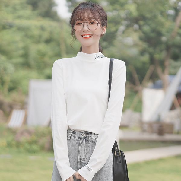

style 2021 new preppy letter embroidered t female shirt spring korean fashion high collar long sleeve schoolgirl t-shirt o083, White