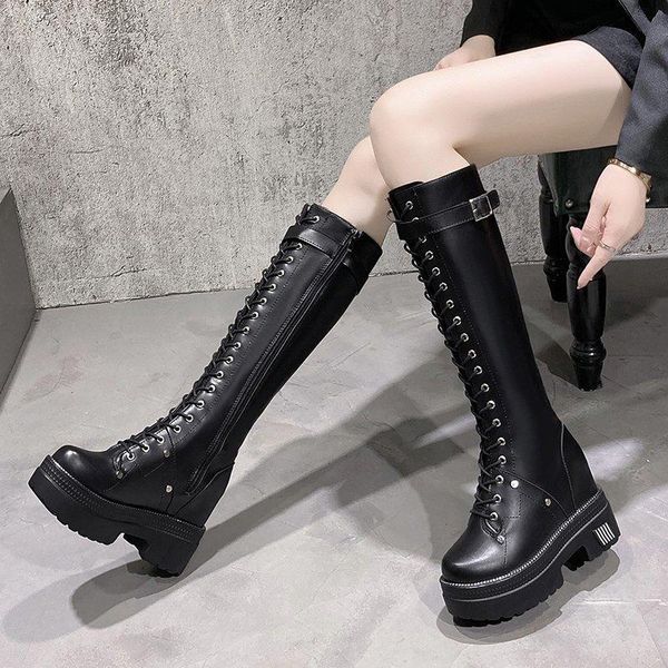 

boots 2021 autumn winter women's long black zipper pu leather knee high female fashion lace up platform botas mujer