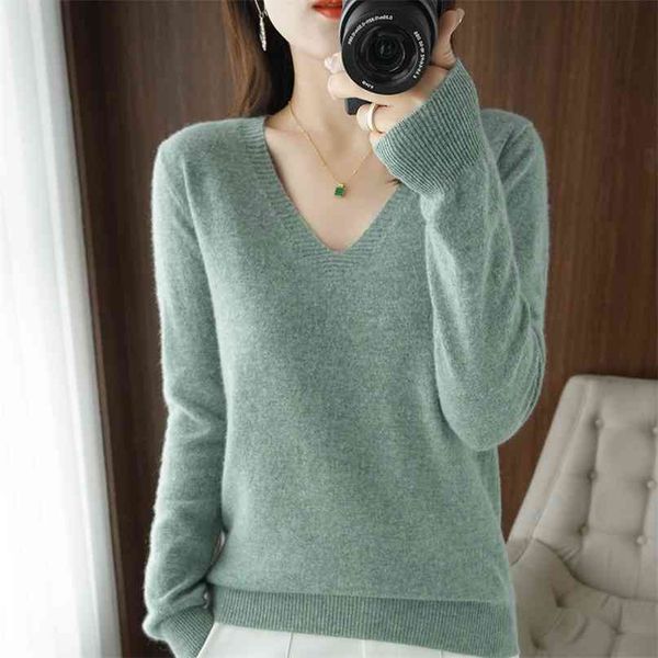 

autumn winter cashmere sweater women keep warm v-neck pullovers knitting fashion korean long sleeve loose 210908, White;black