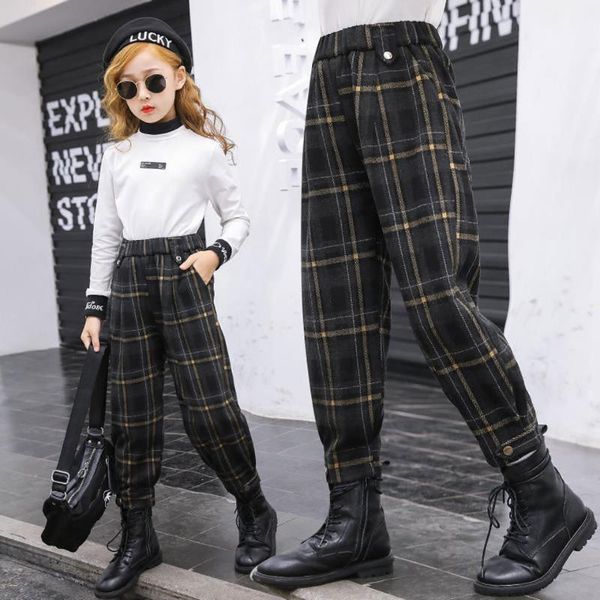 

fashion new autumn winter baby girls casual pants plus velvet plaid mid waist long trouser for teenager girl 3 4 6 8 10 12yrs, Blue