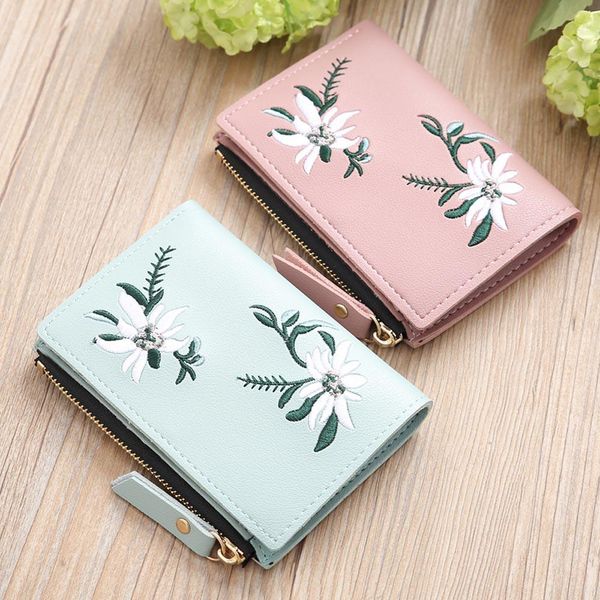 

women leather wallet mini flower bag money organizer short brand with zipper small embroidery holders w068, Red;black