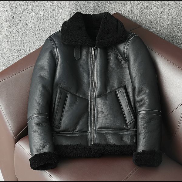 

winter genuine sheepskin leather jacket mens wool fur jacket for motorcycle plus size 5xl thick sheepskin natural warm coat, Black