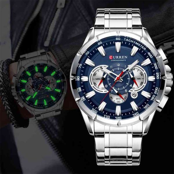 

curren men watches luxury brand sport watch blue chronograph quartz man wristwatches stainless steel male clock reloj hombre 210609, Slivery;brown