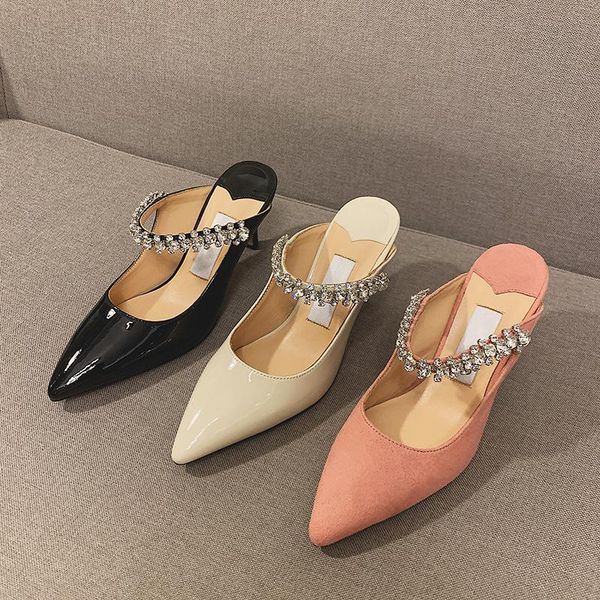 

slippers 2021 women spring crystal high heels sandals female pointed toe mules shoes genuine leather, Black