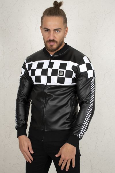 

Black-white Checkerboard Embossed Leather Coat 2100182 Blmb, Black;brown