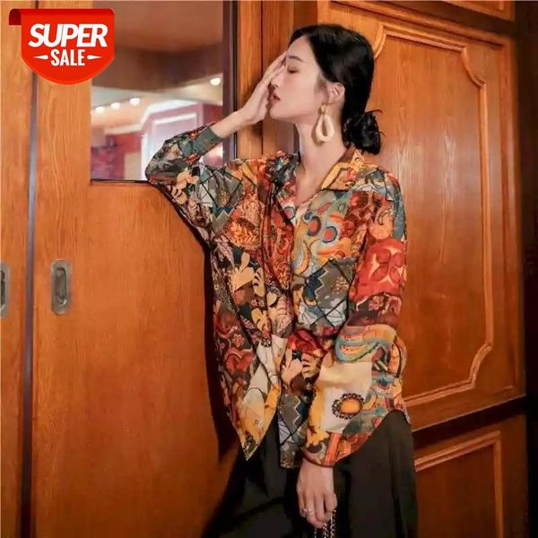 

2021 retro sunflower print shirts women blouse long-sleeved shirt autumn port style niche design girl loose shirt trendy girl #o02l, White