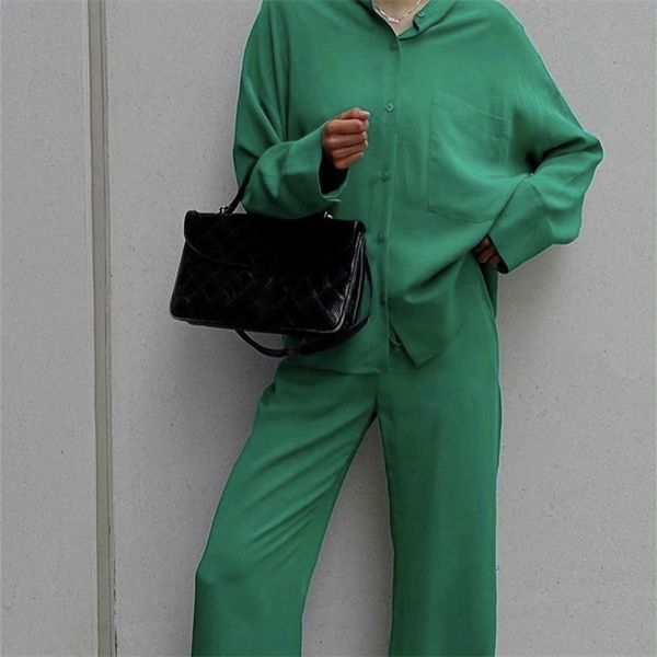 

puwd casual woman green loose shirt suit spring fashion female solid long sleeve set ladie soft suits 211105, White