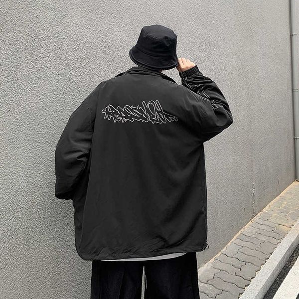 

ins dark hip hop fashion brand high arcade machine can be letter embroidered lapel coat loose versatile jacket man, Black;brown