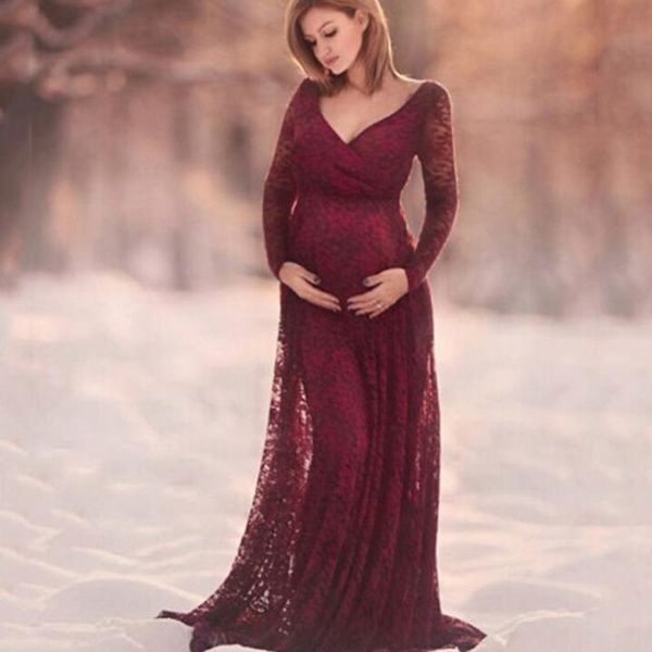

maternity dresses lace v-neck for po shoot pregnant woman clothes long-length pography, White