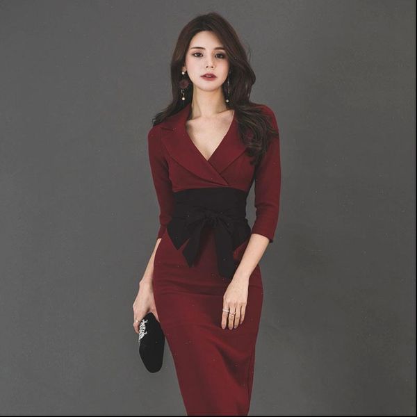 

elegant v neck patchwork bow women dress high waist knee length vestidos spring office ladies bodycon dress female 2021, Black;gray