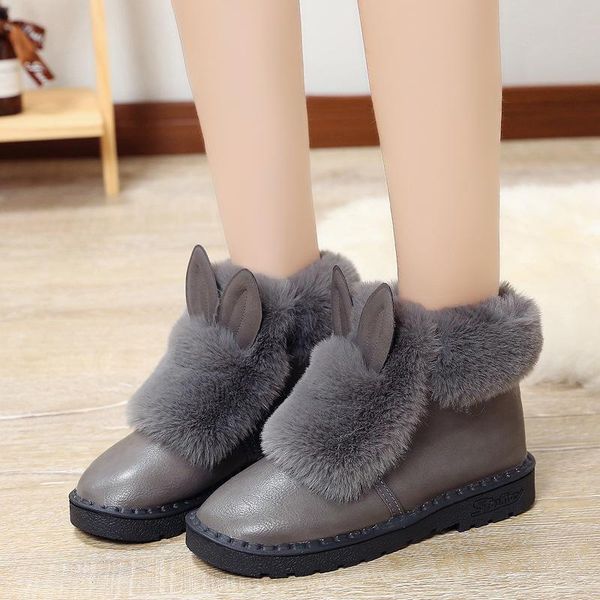 

boots 2021 ears ankle for women flat slip on ladies shoes snow bota feminina, Black