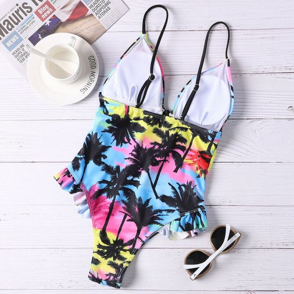 

2020 summer new women sleeveless print hollow out lace up one-piece suits beachwear bathing suits swimsuits monokini, Black