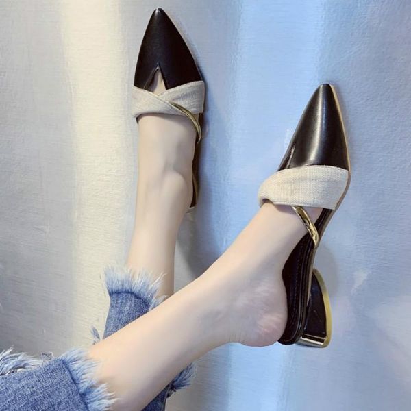 

slippers baotou half female spring and summer casual fashion wild wear sandals low heel shoes mixed colors, Black