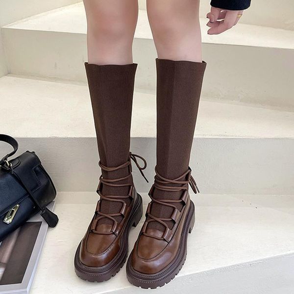 

boots rimocy elastic cross lace up women knee high 2021 thick bottom autumn winter long botas woman fashion platform mujer, Black