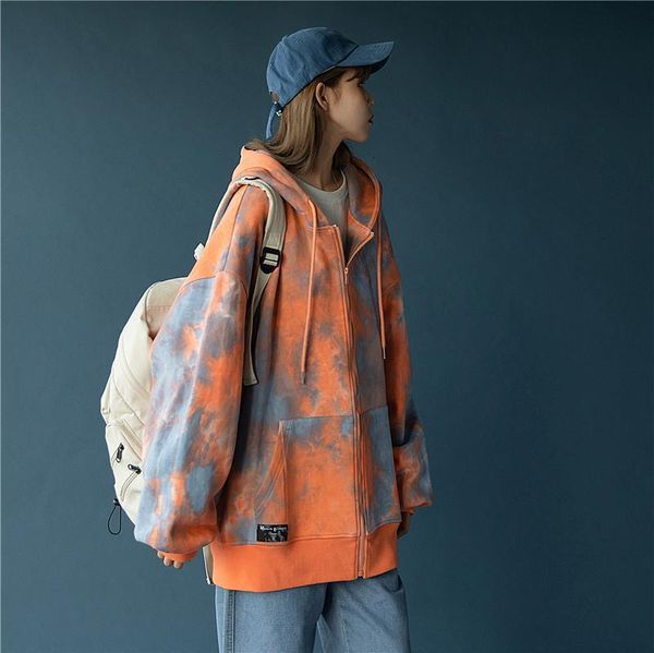 

oversized zipper hoodies new fashion women warm casual coat loose long sleeve tie dye plus size sweatshirt hoodies, Black