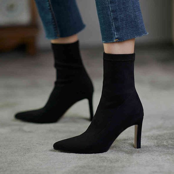 

dress shoes eooodoit nova moda feminina meias botas de salto alto do do pé apontado outono inverno slizamento em bezerro pelúcia bombas k4mn, Black