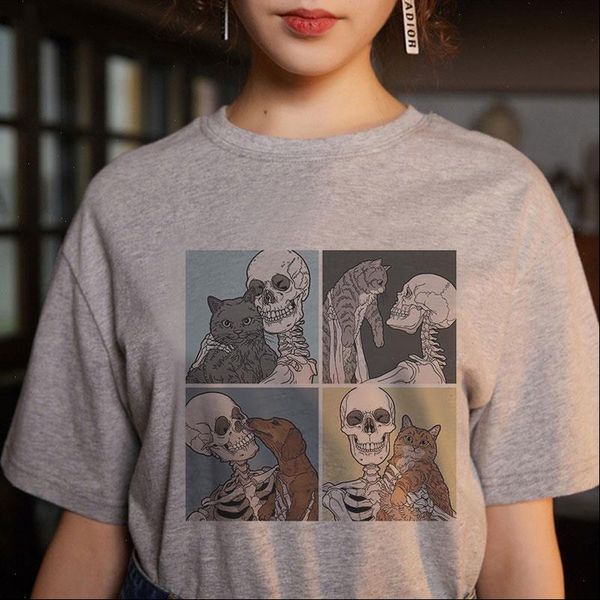 

shortly horror skull and cute cat female tshirt cartoon tees kawaii t shirt women harajuku short sleeve fun ulzzang t shirt, White