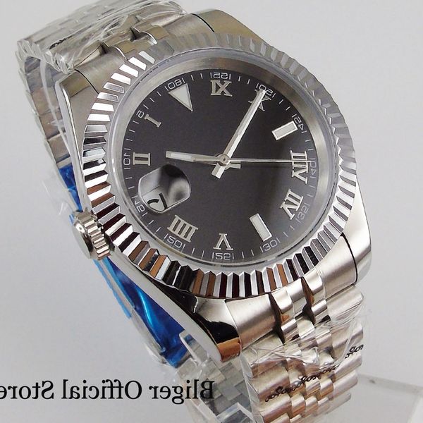 

business automatic men watch 21 jewels miyota 8215 black sterile dial jubilee strap screw crown sapphire crystal date magnifier, Slivery;brown