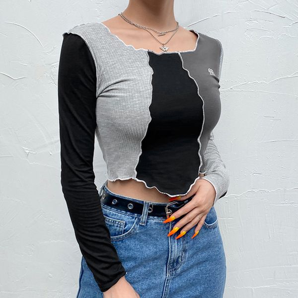 

2021 spring gothic patchwork crop for women y2k aesthetic long sleeve fitness t-shirt casual basic 90s outfits, White