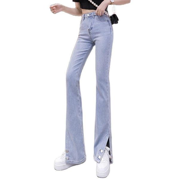 

women's jeans stretch slit fall 2021 high-waisted slim straight flared pants clothing, Blue