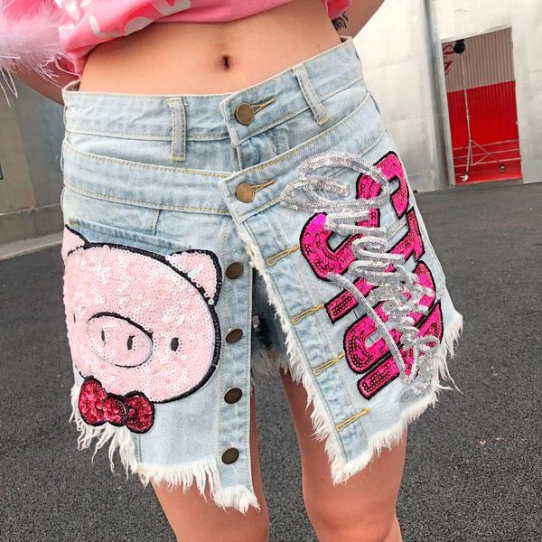 

women's jeans european station thailand street fashion 2021 summer cartoon pig letter sequins fake two pieces thin cowboy, Blue