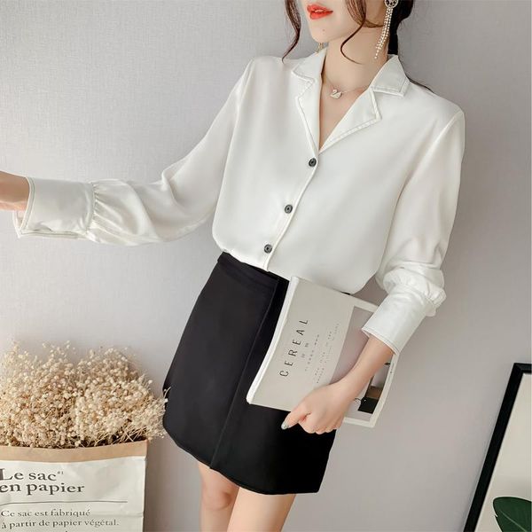 

women's blouses & shirts 2021 women notched full sleeve chiffon missing clavicle blouse shirt white blue black 3366