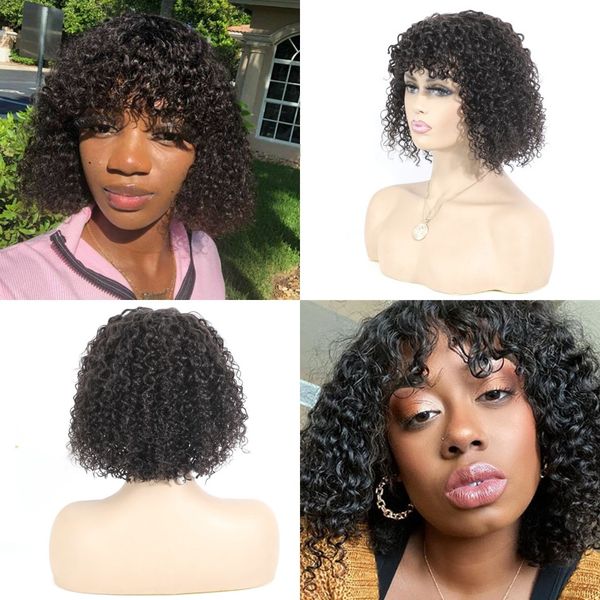 

short bob wigs bohemian curly natural color peruvian human hair with bangs 150% density, Black;brown