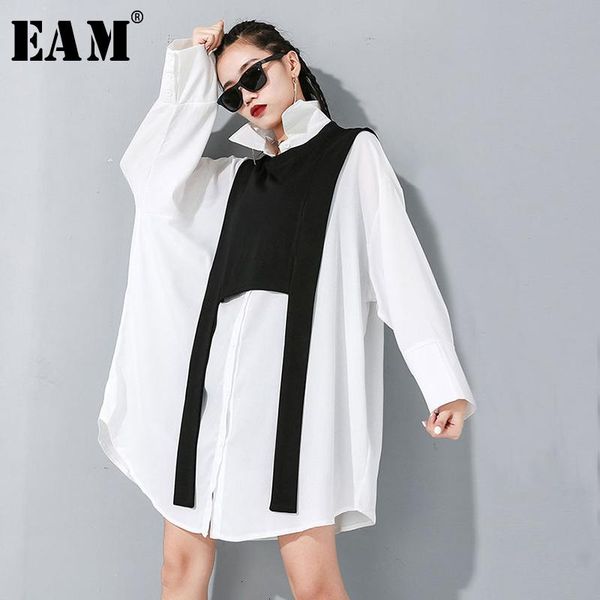 

women's blouses & shirts [eam] women black split joint big size two piece blouse lapel long sleeve loose fit shirt fashion spring autum, White
