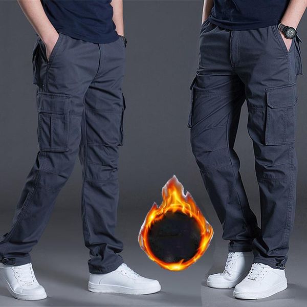 

men's pants men winter fleece warm cargo loose straight multi-pocket overalls tactical thick trousers casual cotton, Black
