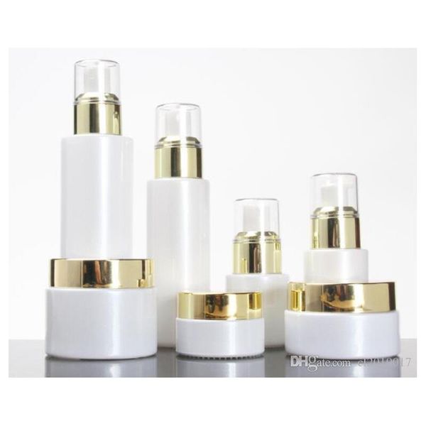 

empty 30/50g white glass jar 20/30/100ml white glass pump lotion/spray bottle gold collear lids