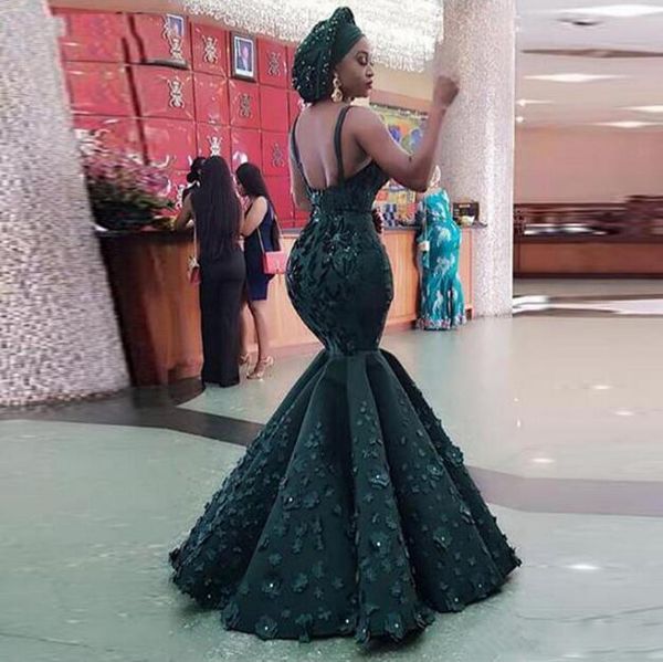 

party dresses backless mermaid prom 3d appliques handmade flowers spaghetti long evening gowns aso ebi plus size, White;black