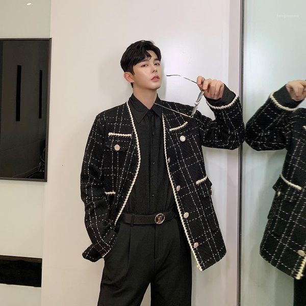 

men's suits & blazers autumn loose weaving plaid blazer jacket male women terno masculino streetwear vintage fashion casual suit coat o, White;black